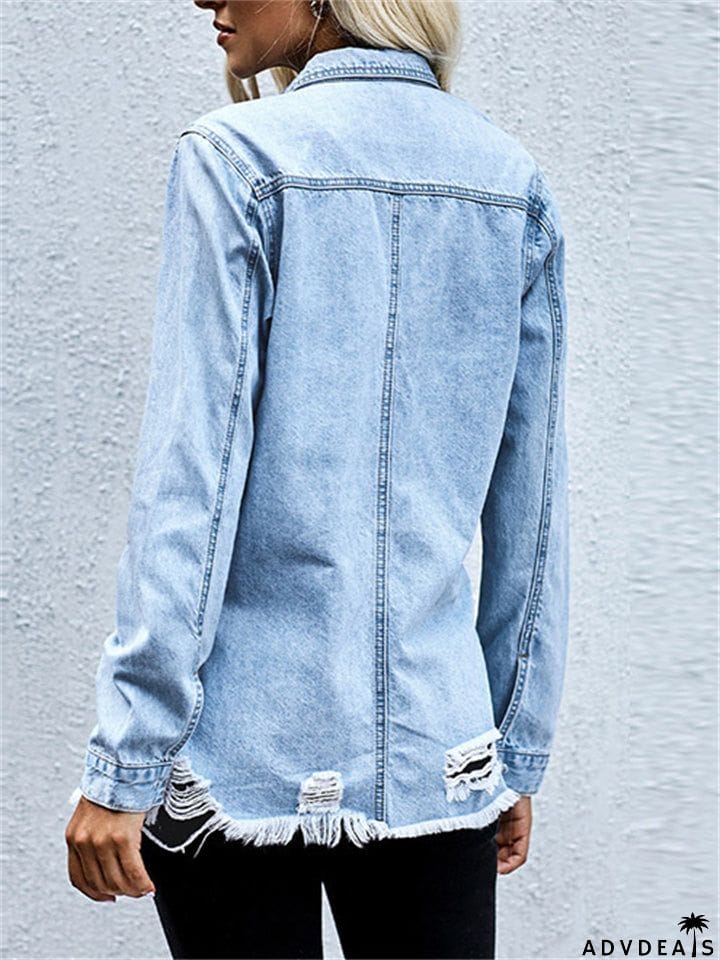 Cozy Ripped Frayed Hem Distressed Casual Womens Denim Jacket