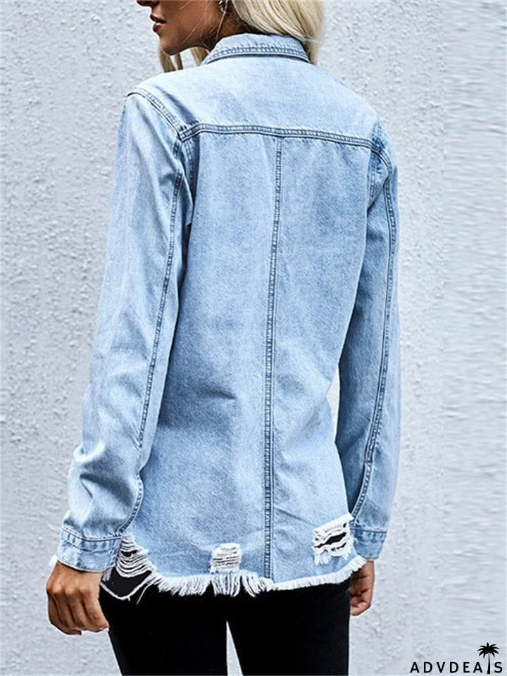 Cozy Ripped Frayed Hem Distressed Casual Womens Denim Jacket