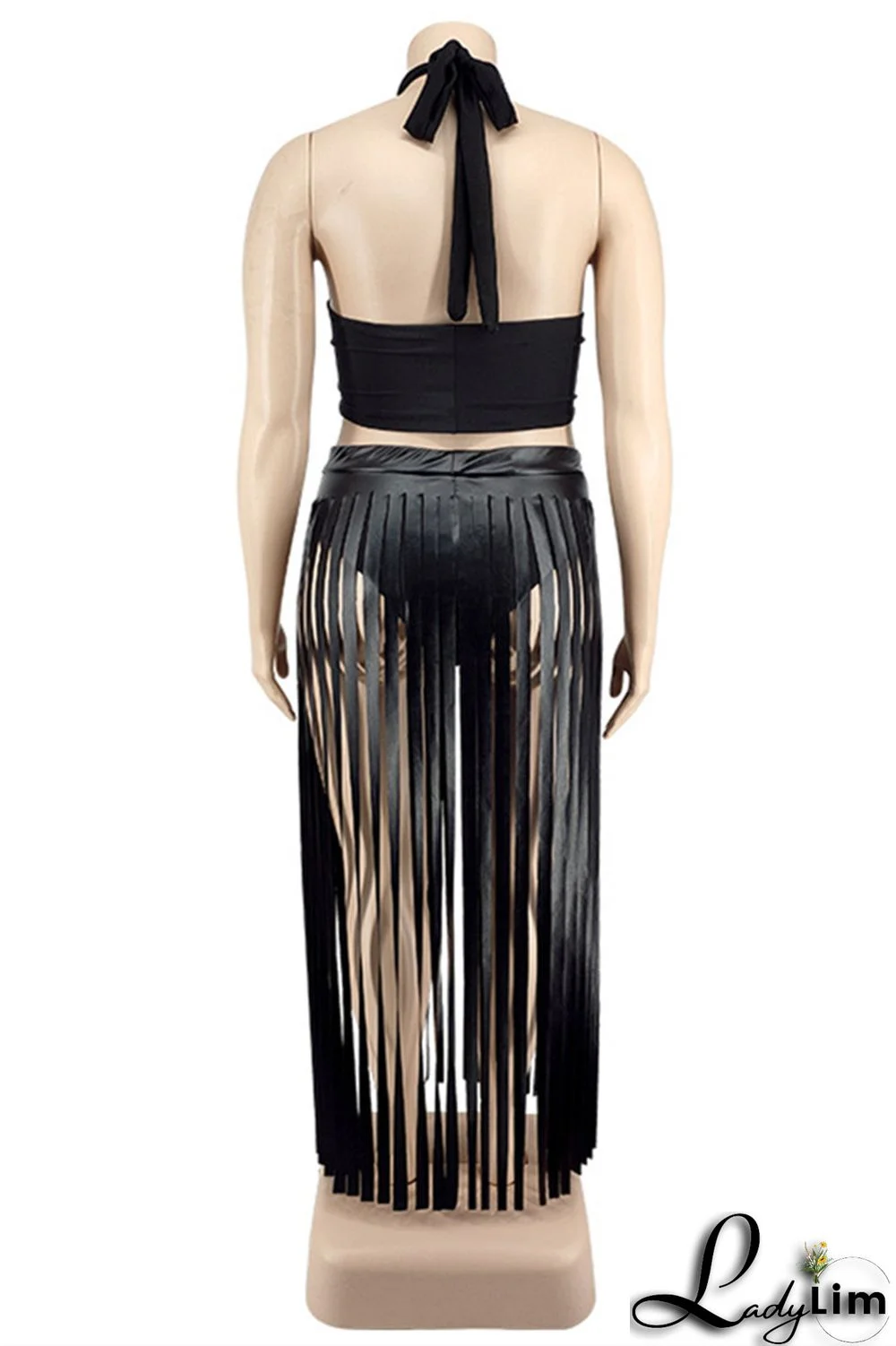 Black Fashion Sexy Solid Tassel Backless Halter Plus Size Two Pieces