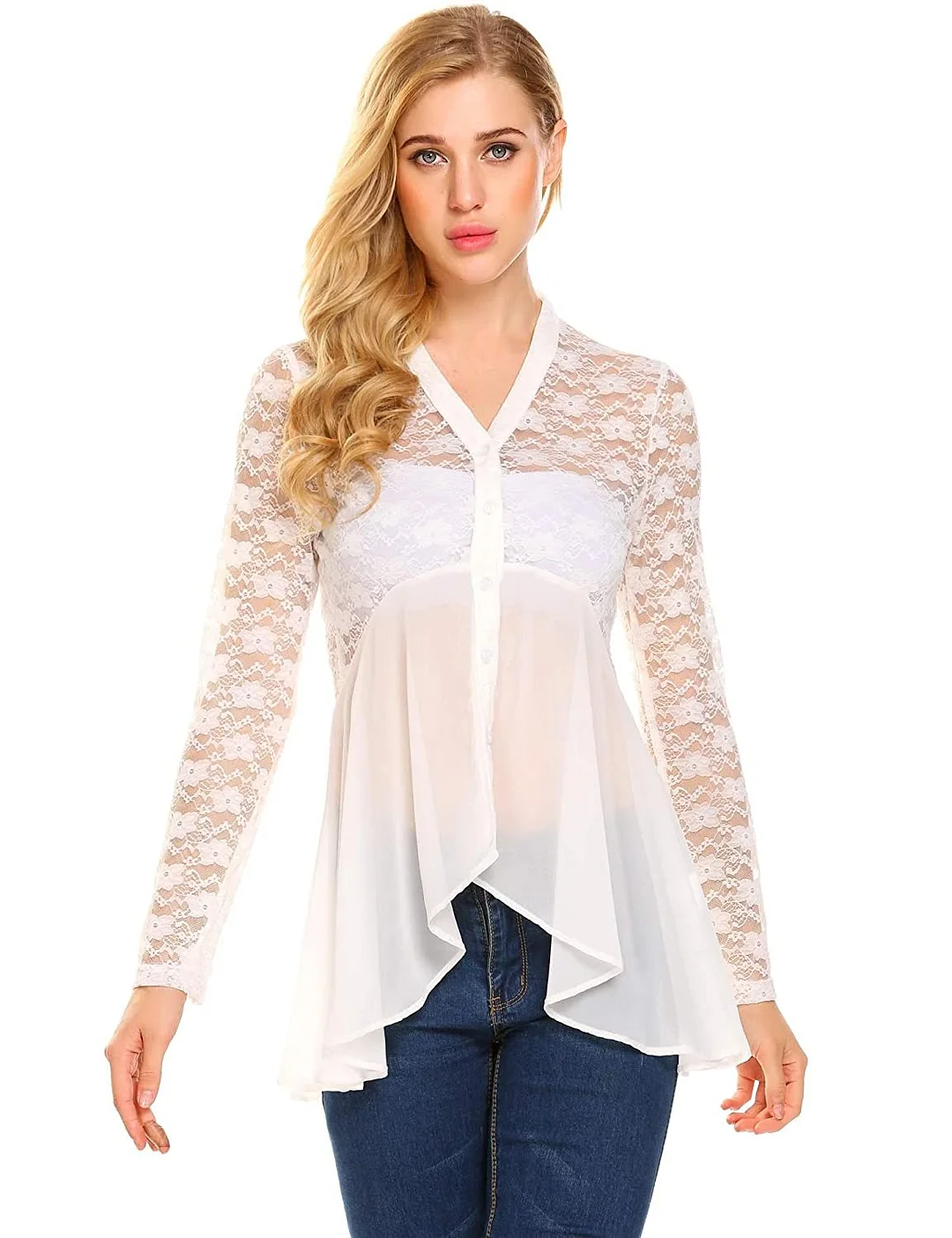 Womens Long Sleeve Blouse Button Up Chiffon Lace Sheer Flowy Shirt Top