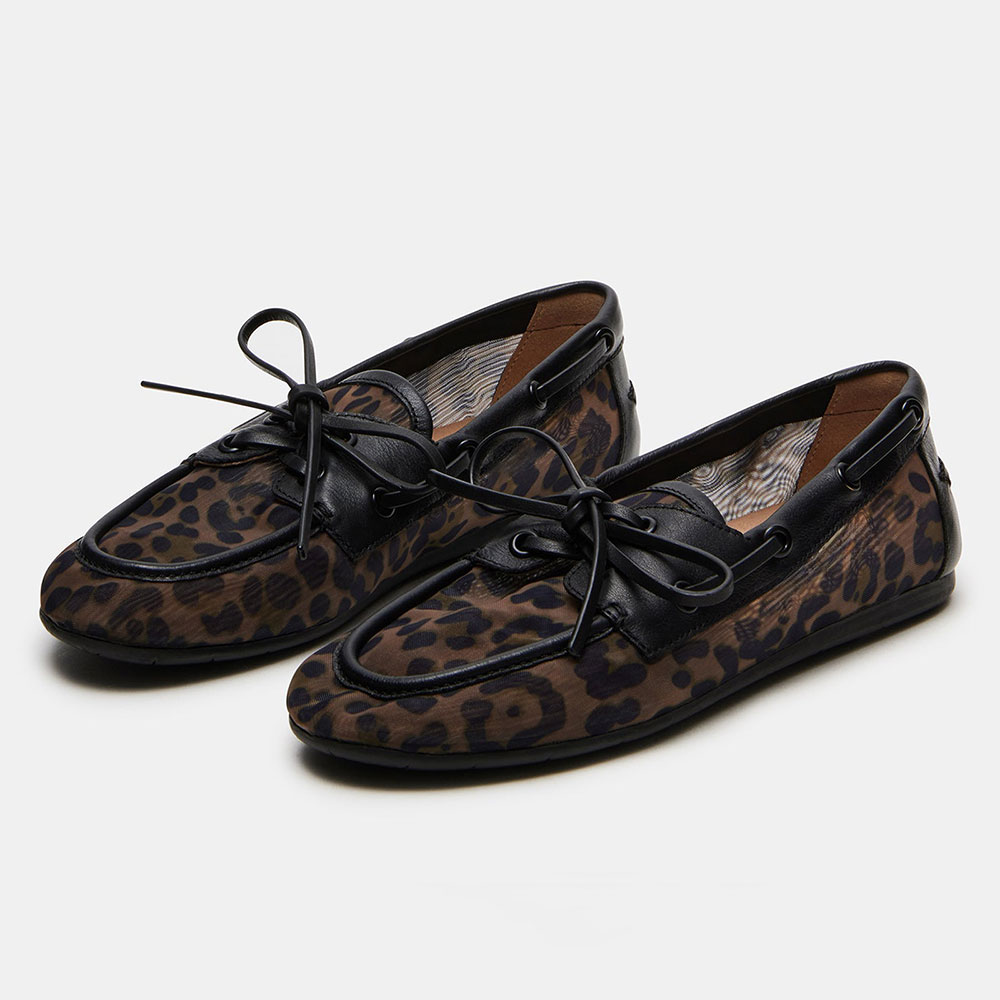 Fashion Lace Up Round Toe Brown Women's Loafer Leopard Flats Nicepairs