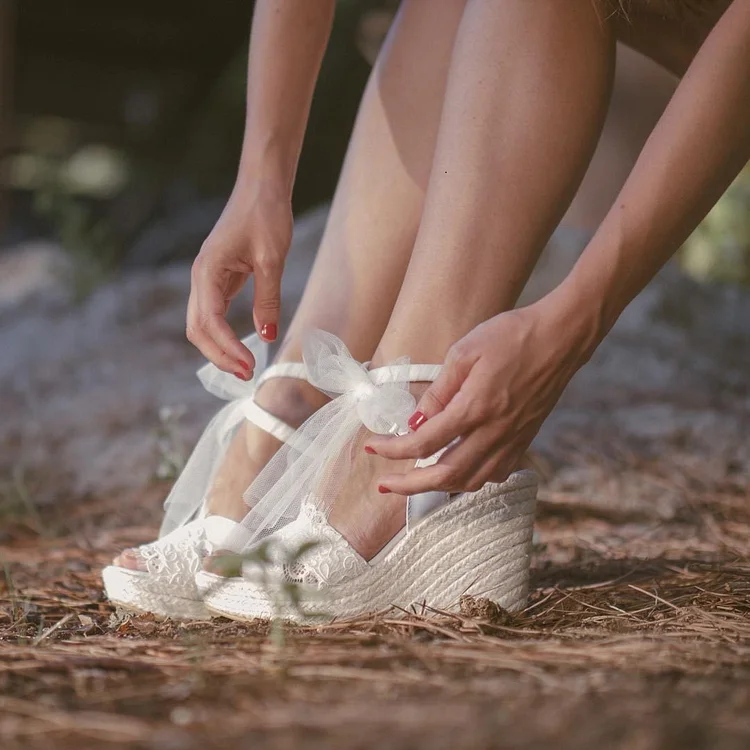 Lace White Wedding Shoes Wedges Bridal Heels Platform Sandals |FSJ Shoes