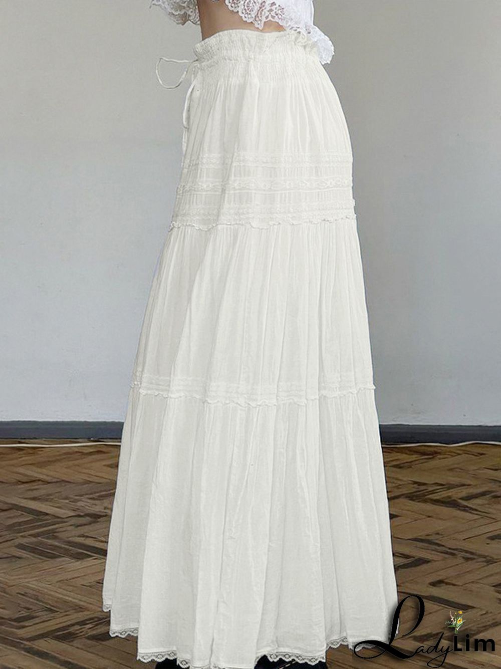 French Lace Splice Drawstring Maxi Skirt