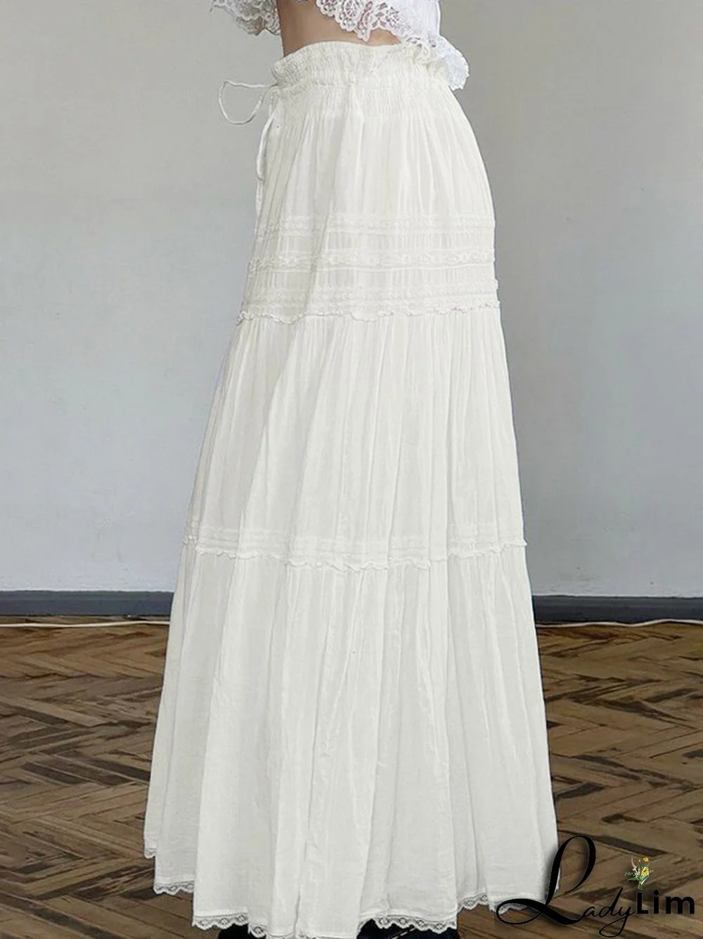 French Lace Splice Drawstring Maxi Skirt