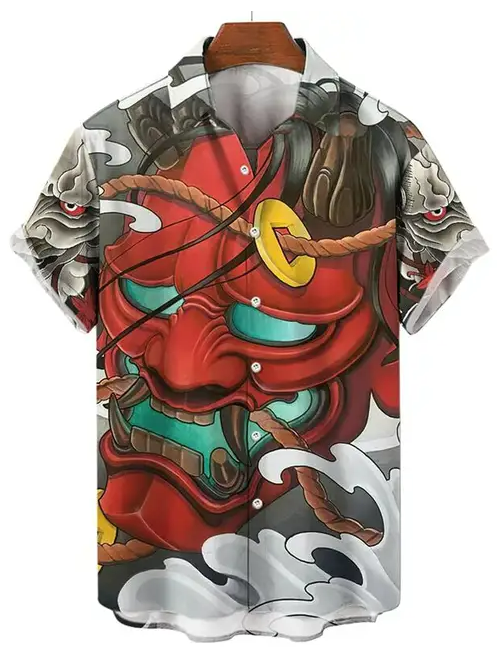 Red Oni Demon Mask Samurai Button-Up Shirt PLUSCLOTHESMAN