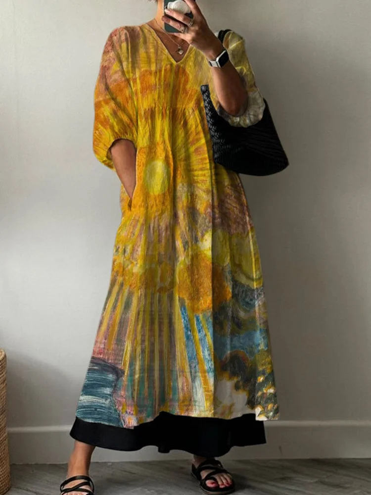Painting Art Shining Sun Decorative Pattern Pocket V-neck Cotton Dress