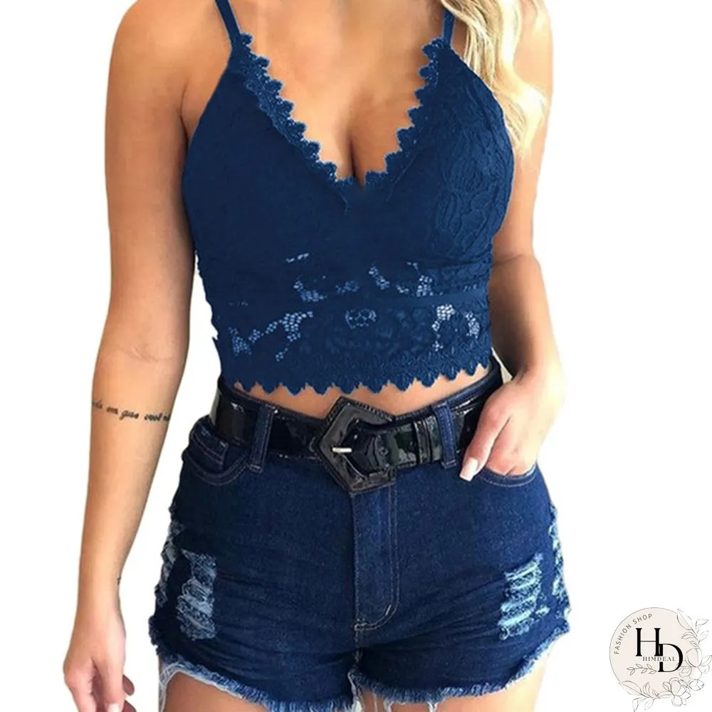 Womens Fashion Lace Floral Bralette Blouses V-Neck Tank Tops Crop Top Spaghetti Strap