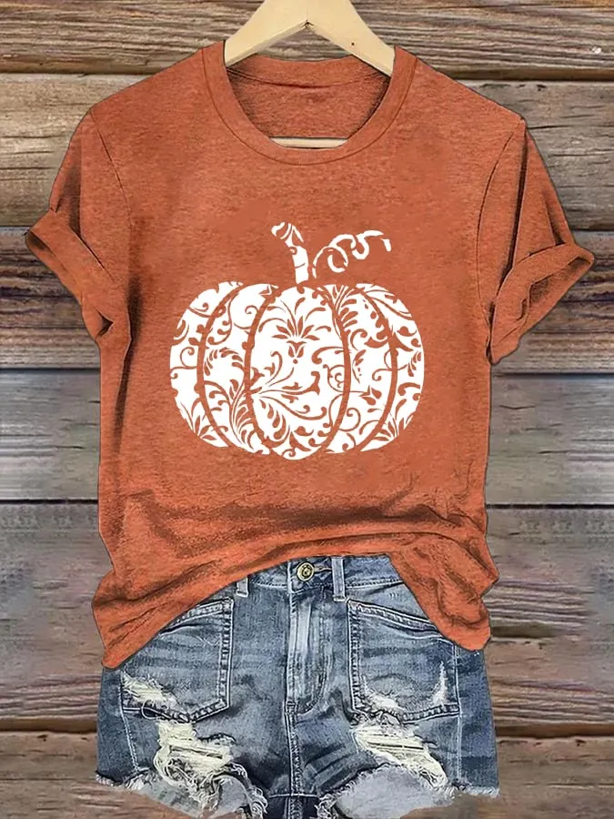 Women's Floral Pumpkin Print T-Shirt 