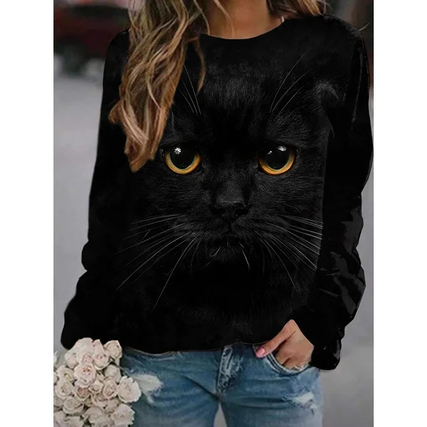 Ležerna majica dugih rukava s 3D ispisom modne crtane mačke