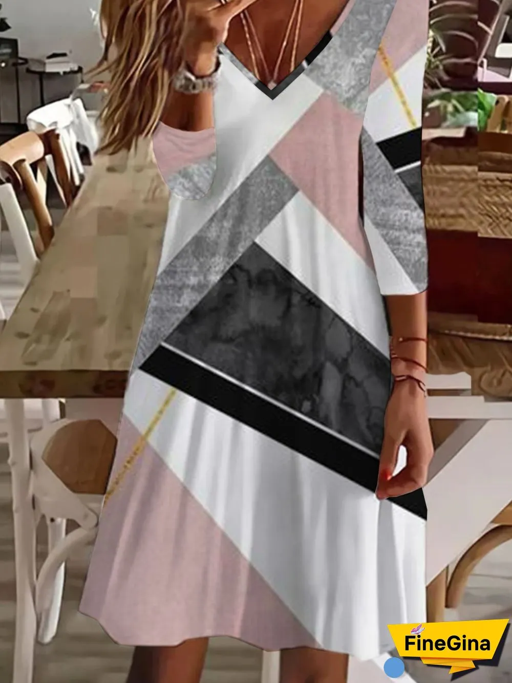 Casual Three Quarter V Neck Plus Size Printed Dress