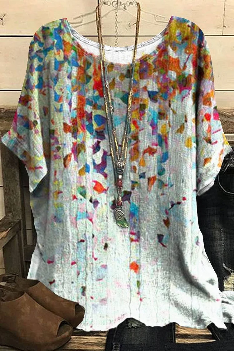 Flycurvy Plus Size Casual Light Grey Cotton And Linen Colorful Print Blouse  Flycurvy [product_label]