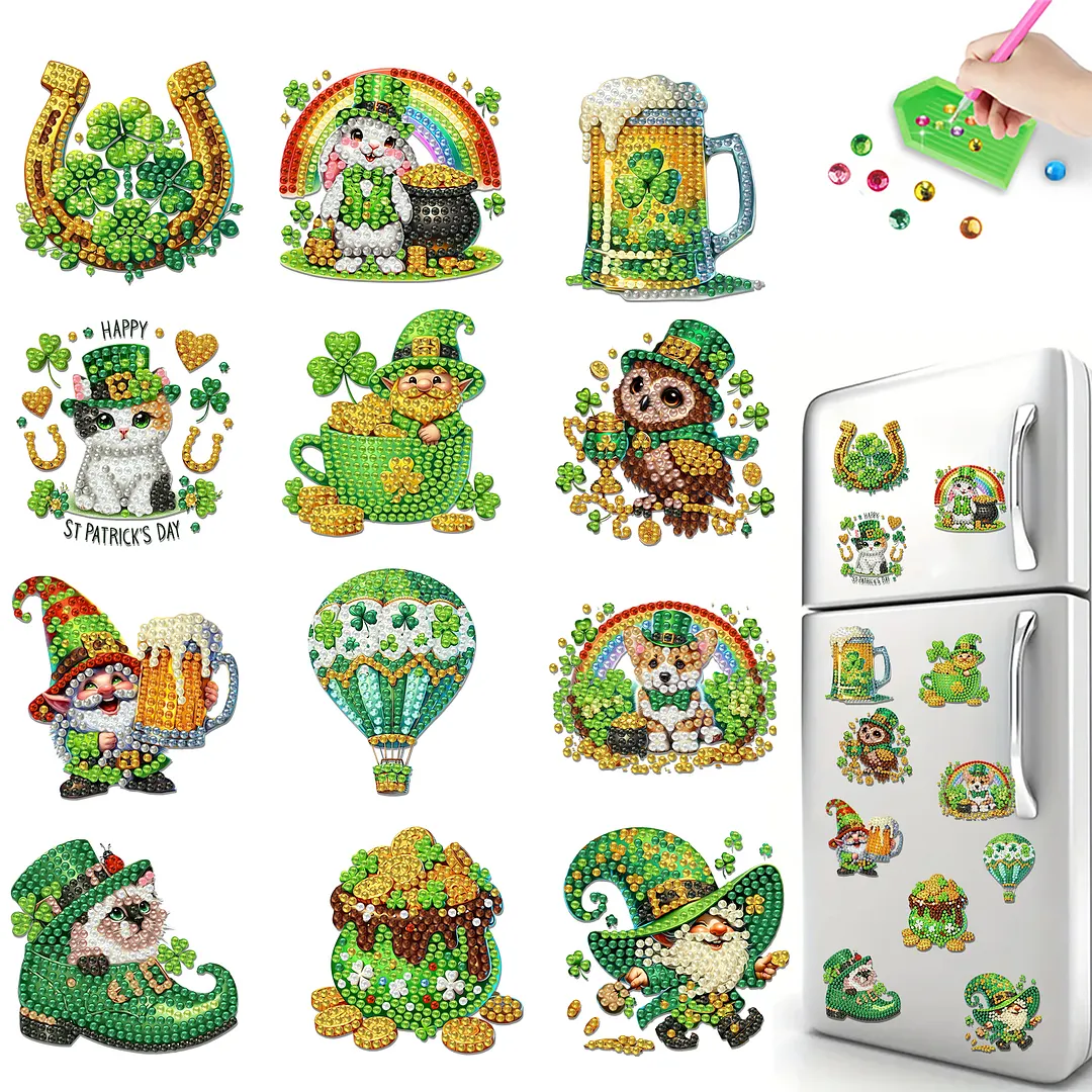 12Pcs Happy St Patricks Day DIY Diamond Art Fridge Magnet Refrigerator Sticker Diamond Art Stickers Refrigerator Painting Kits for Beginners Adults DIY Craft Gifts Home Decors