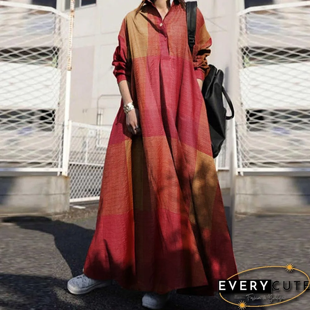 Women Kaftan Full Sleeve Length Oversize Ladies Casual Plaid Check Maxi Shirt Dress Plus Size