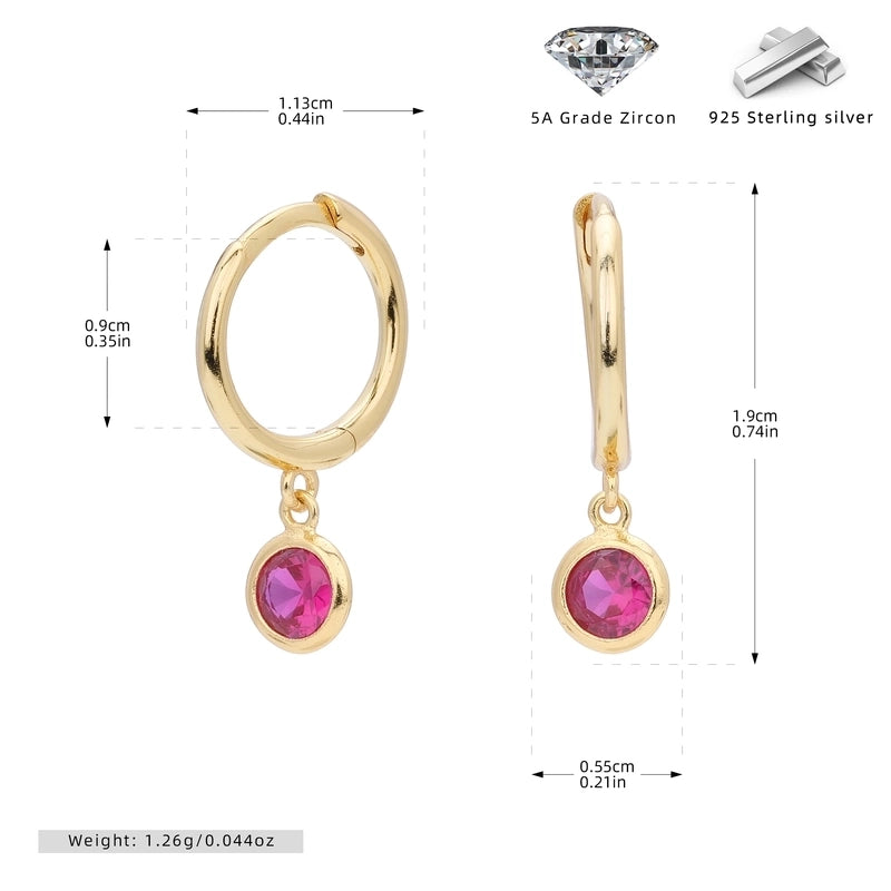 1 Pair 925 Sterling Silver Birthstone Round Drop Earrings