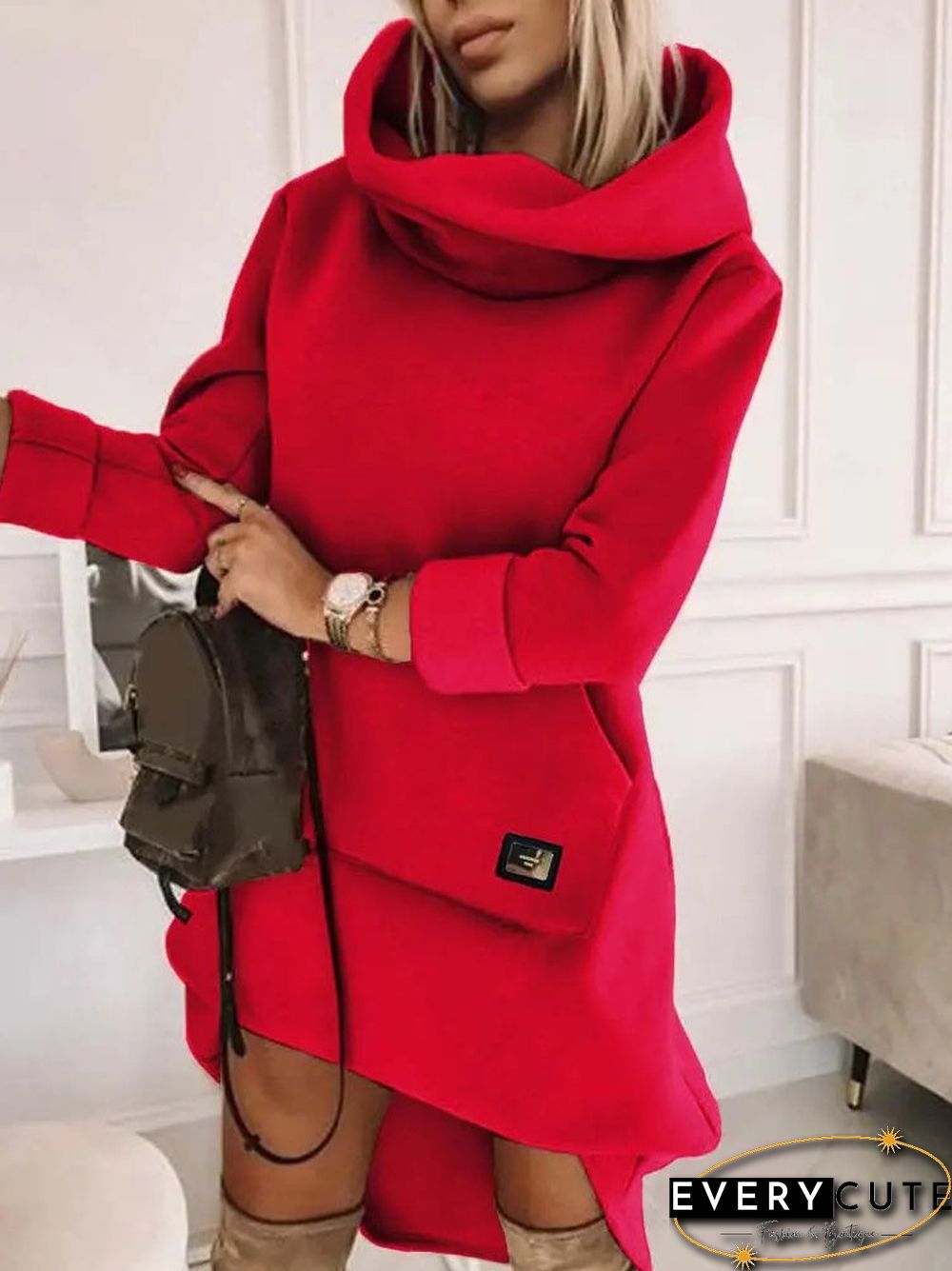 Women's Long Sleeve Hooded Solid Color Midi Dress