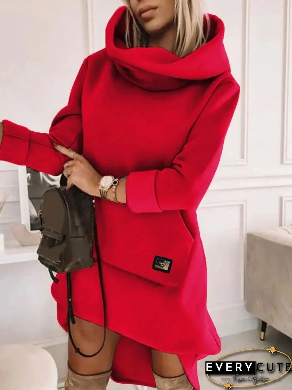 Women's Long Sleeve Hooded Solid Color Midi Dress