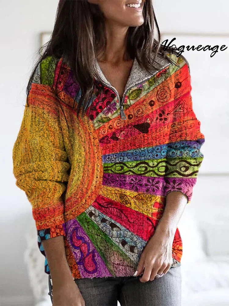 Fashion Colorful Sun Sunshine Strip Love Heart Plant Zippered Long-Sleeved Sweater