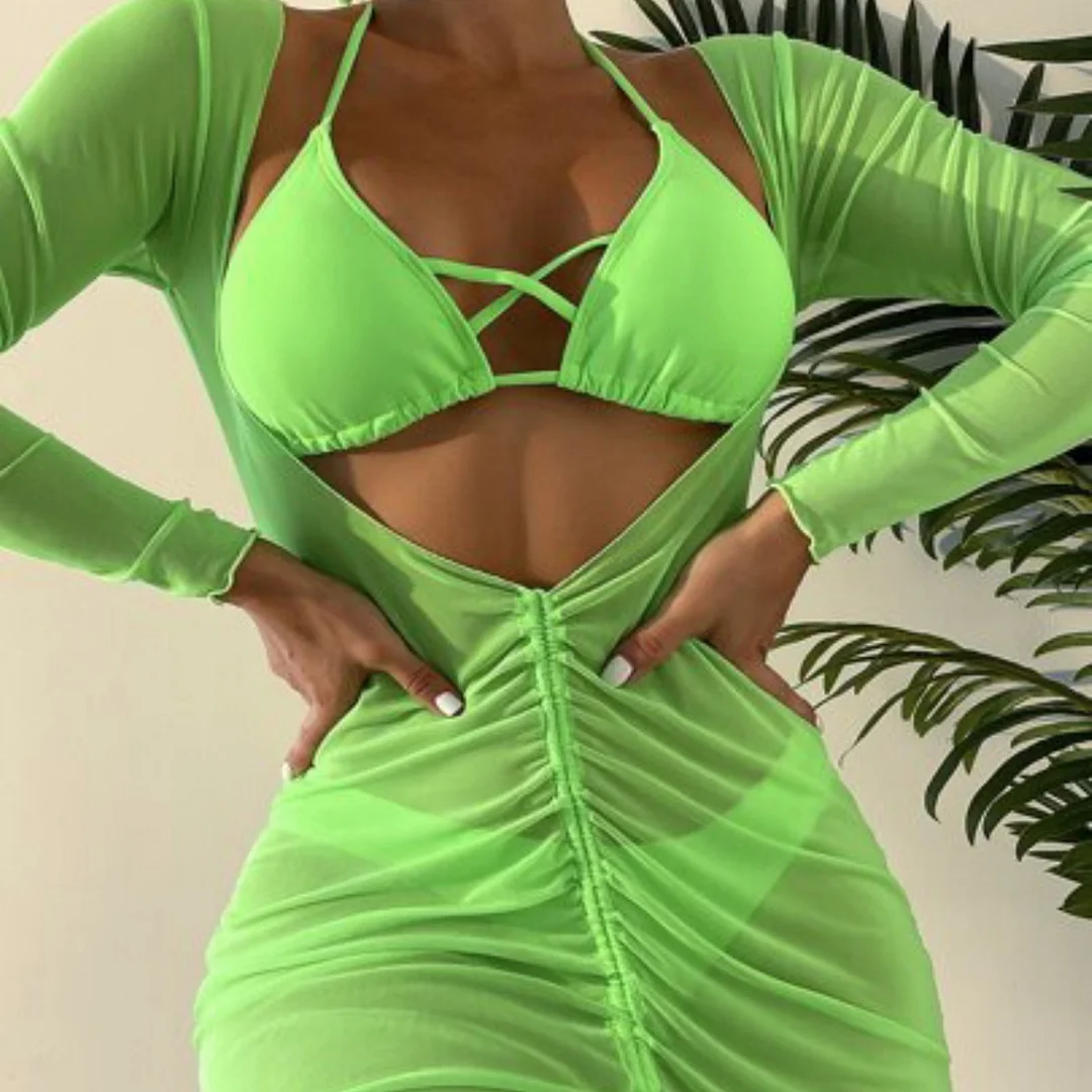 Uveng 2023 New Three-Piece Yarn Skirt Strap Swimsuit Bikini