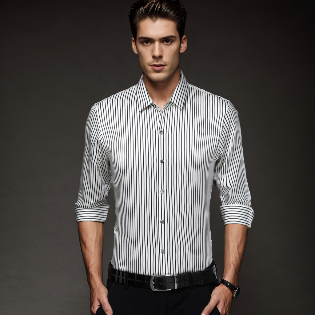 No-Iron Wrinkle-Free White Men's Silk Shirt Strips Pattern Style Long Sleeves REAL SILK LIFE