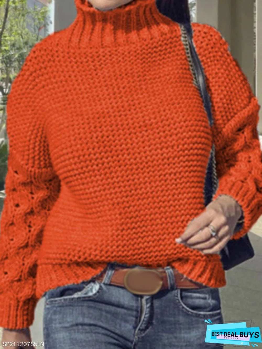 Fashion High-Neck Plain Hollow Casual Long-Sleeved Sweater