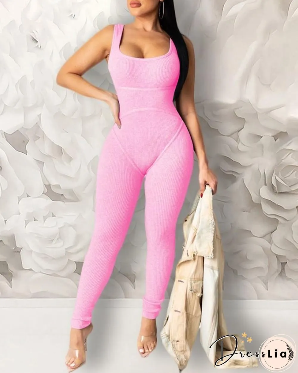 Solid U-neck Thick Strap Jumpsuit P15328