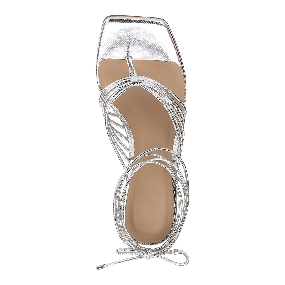Silver Metallic Square Toe Flip Flops Lace Up Heeled Sandals