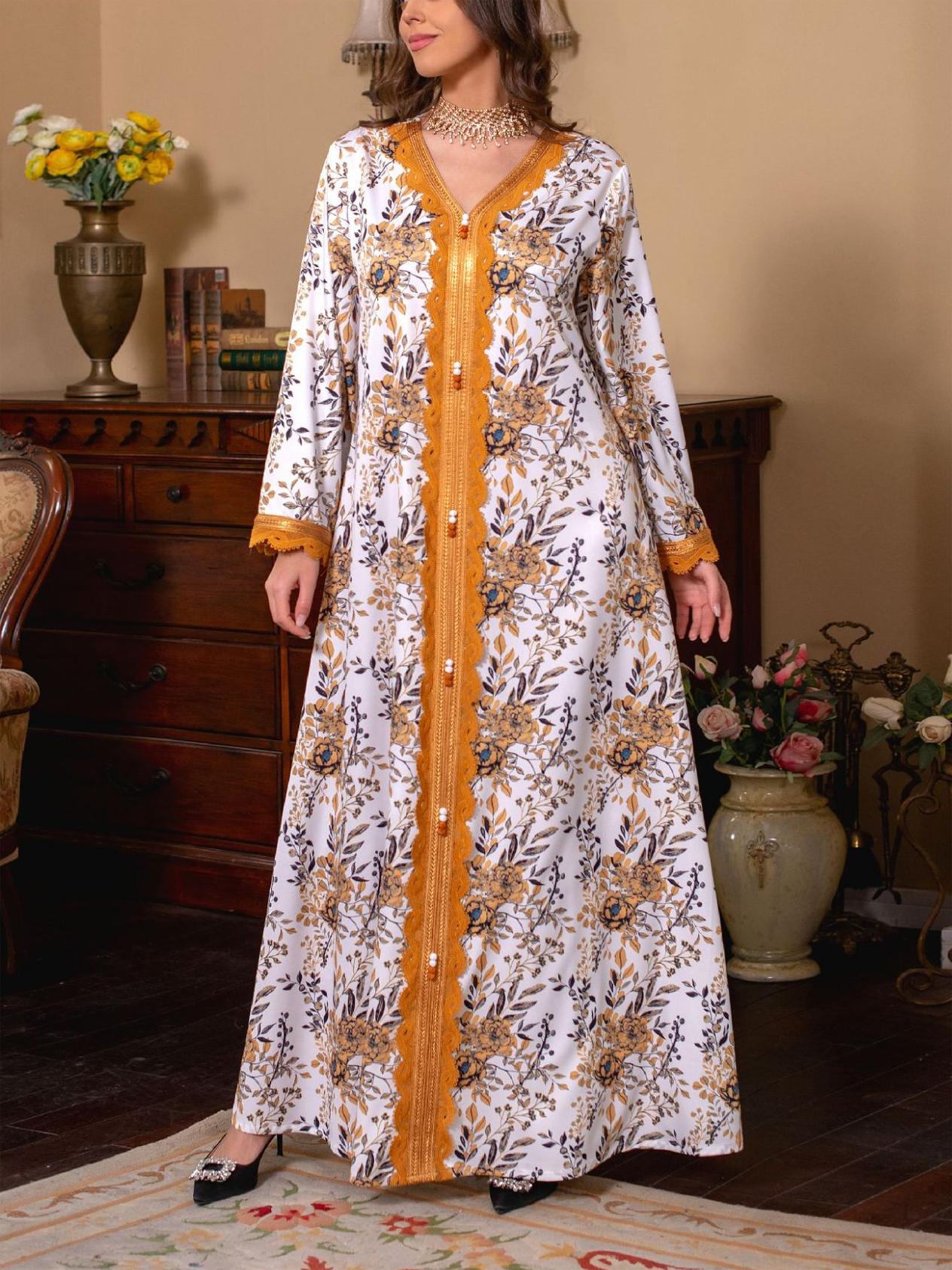 Elegant Floral Print Cuff Lace V Neck Kaftan | Oxredo Shop Ramadan Sale