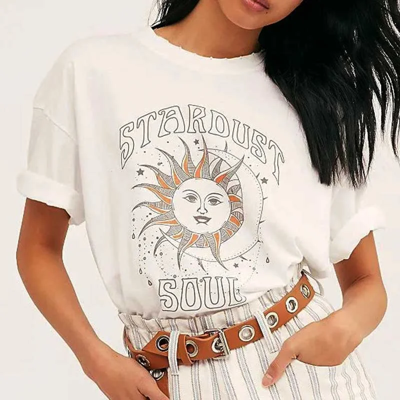 BOHO INSPIRED white graphic tee women short sleeve summer T Shirt Women plus size top  New T-shirt oversized loose fit top