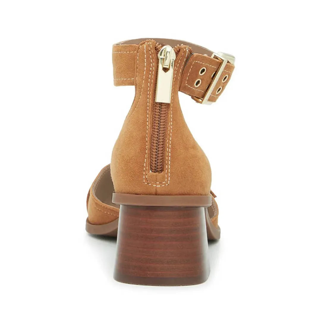 Tan Grommet Strap Pointed Toe Block Heel Pumps with Buckle