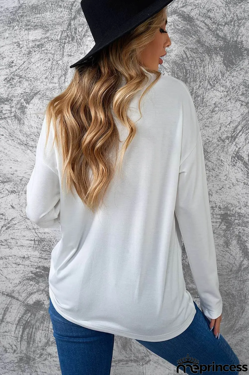 White Turn-down V Neck Long Sleeve Top