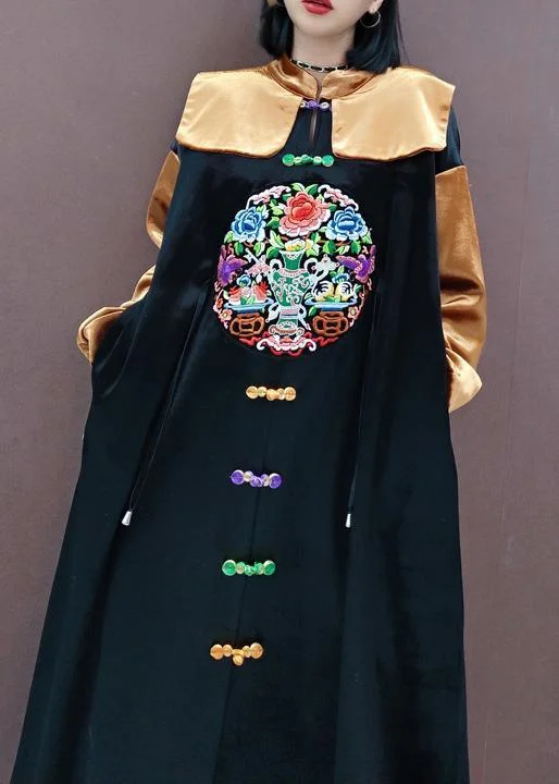 French Black Embroidery Tunic Stand Collar Patchwork Plus Size Spring Dresses