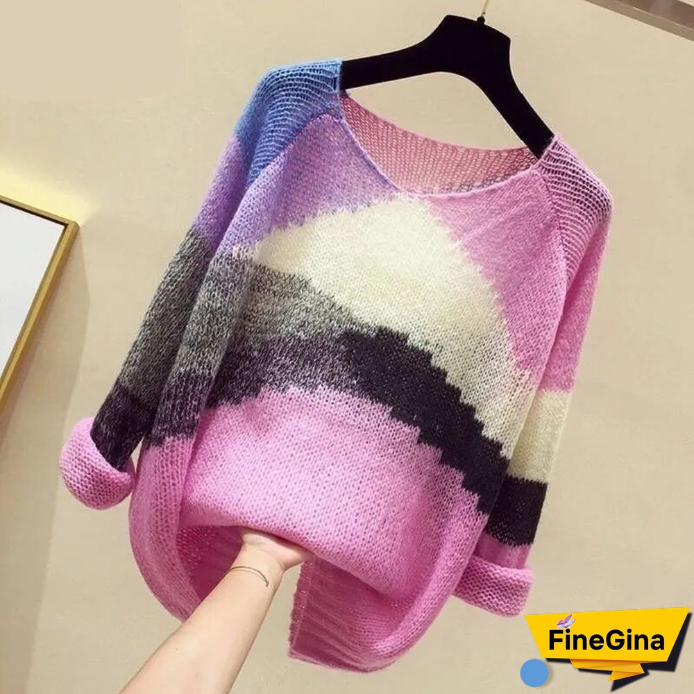 Women Loose Korean Pink Patchwork Sweater Pullovers Fashion Fall Harajuku Casual Y2k Tops Chic Lazy Wind Female Clothes