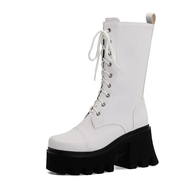 Gdgydh Personality British Style Thick Sole Boots Large Lace Up Platform Boots For Women Leather PU Chunky Heel Winter Shoes