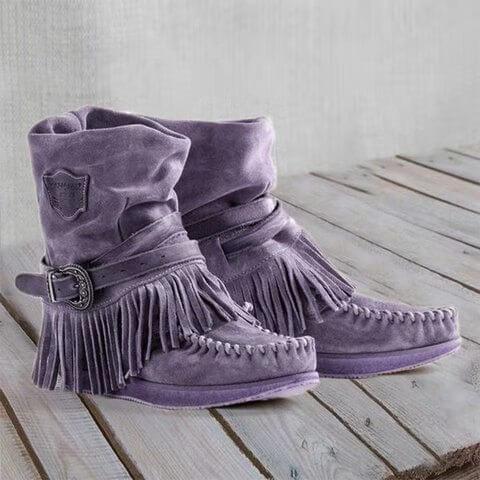 GOOSHOE Wide Calf Flat Fringe Suede Moccasin Boots
