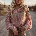 Women's Bohemian Floral Sequin Patchwork Long Sleeve Top - Image 2