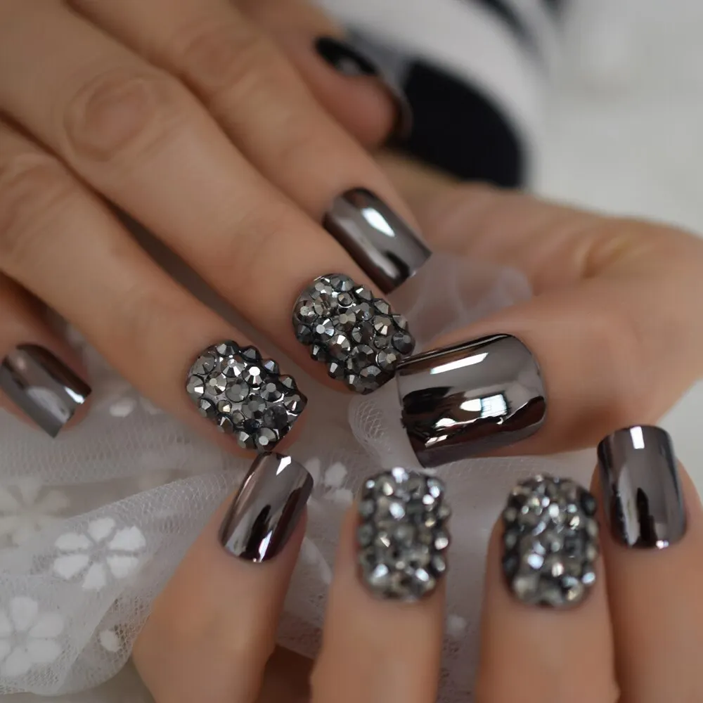 Fake Diamond Rhinestone With Short Nail Squoval Black Mixed Nail Supplies For Professional Full Cover Color Optional Fingernail-Nail Inspo
