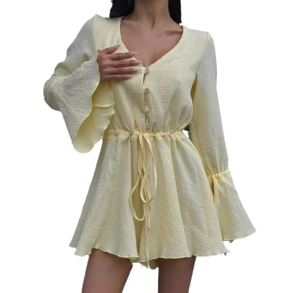 Nigikala Nigikala 2025 New Rope Horn Sleeve V-Necked T-Shirt With Commuting Long-Sleeved Jumpsuit