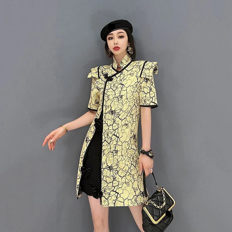 Temperament Lace Cheongsam Stand Collar Asymmetrical Three-dimensional Flower Splicing Decor Dress