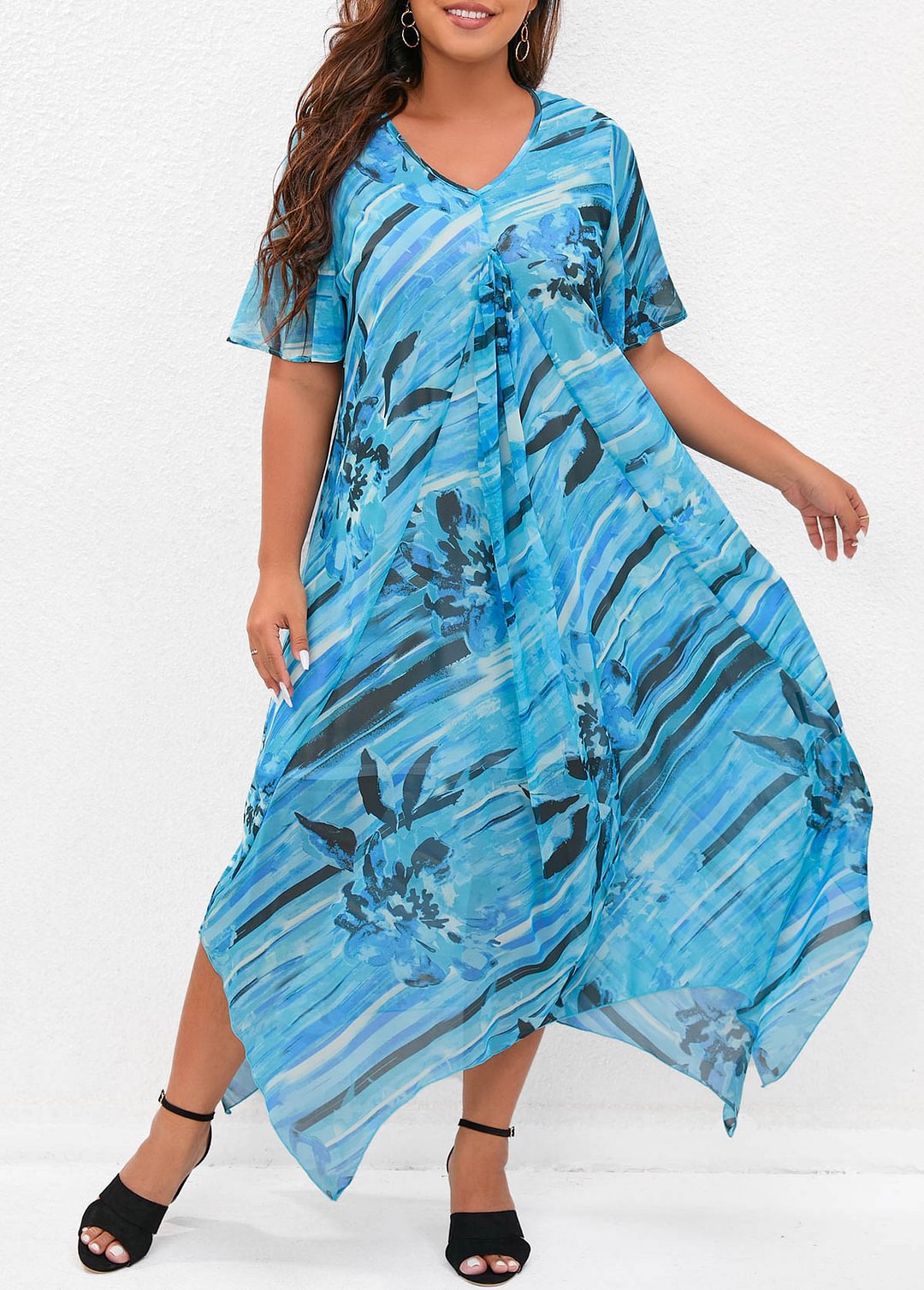 Textured Print Blue Plus Size Maxi Dress