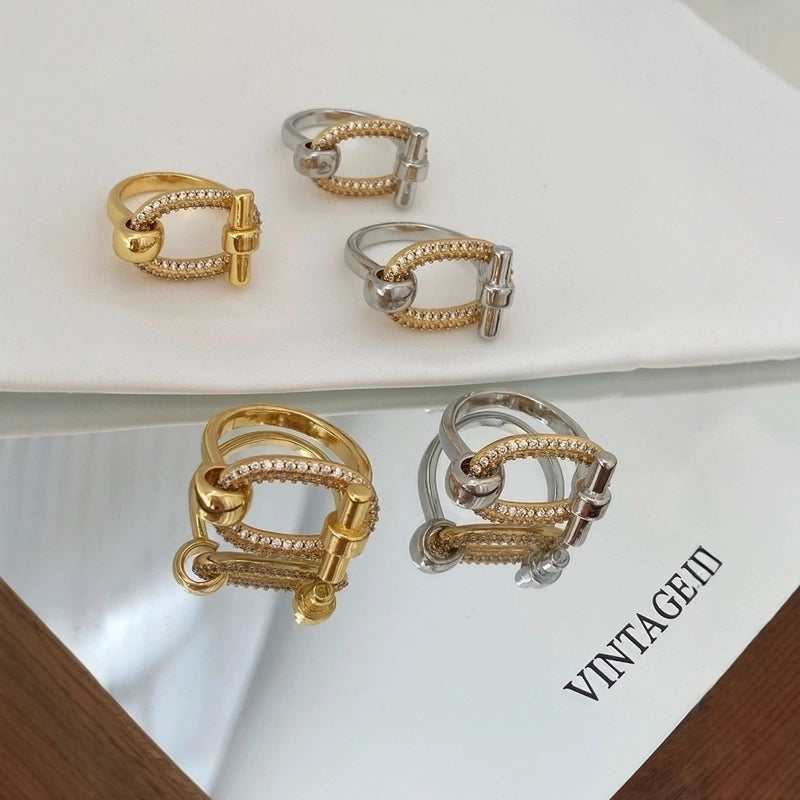 2 Pieces IG Style Oval Copper Zircon 18K Gold Plated Mixed Metal Plating Inlay Rings