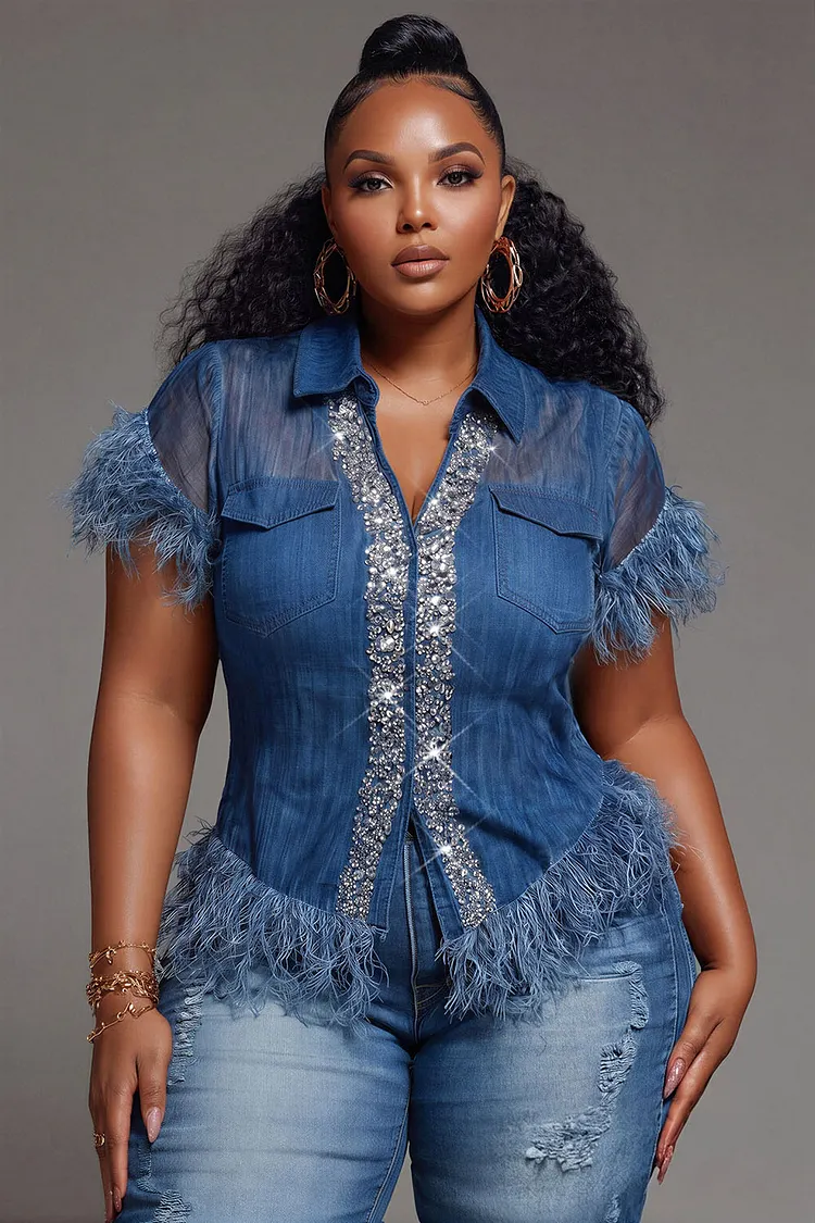 Xpluswear Design Plus Size Party Blue Shirt Collar Short Sleeve Feather See Through Tencel Denim Blouses [Pre-Order] 2024 - Xpluswear