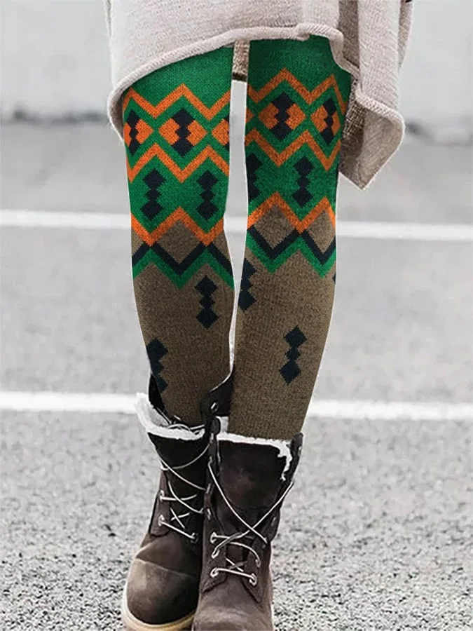 Women's Casual Retro Color Imitation Wool Printed Leggings