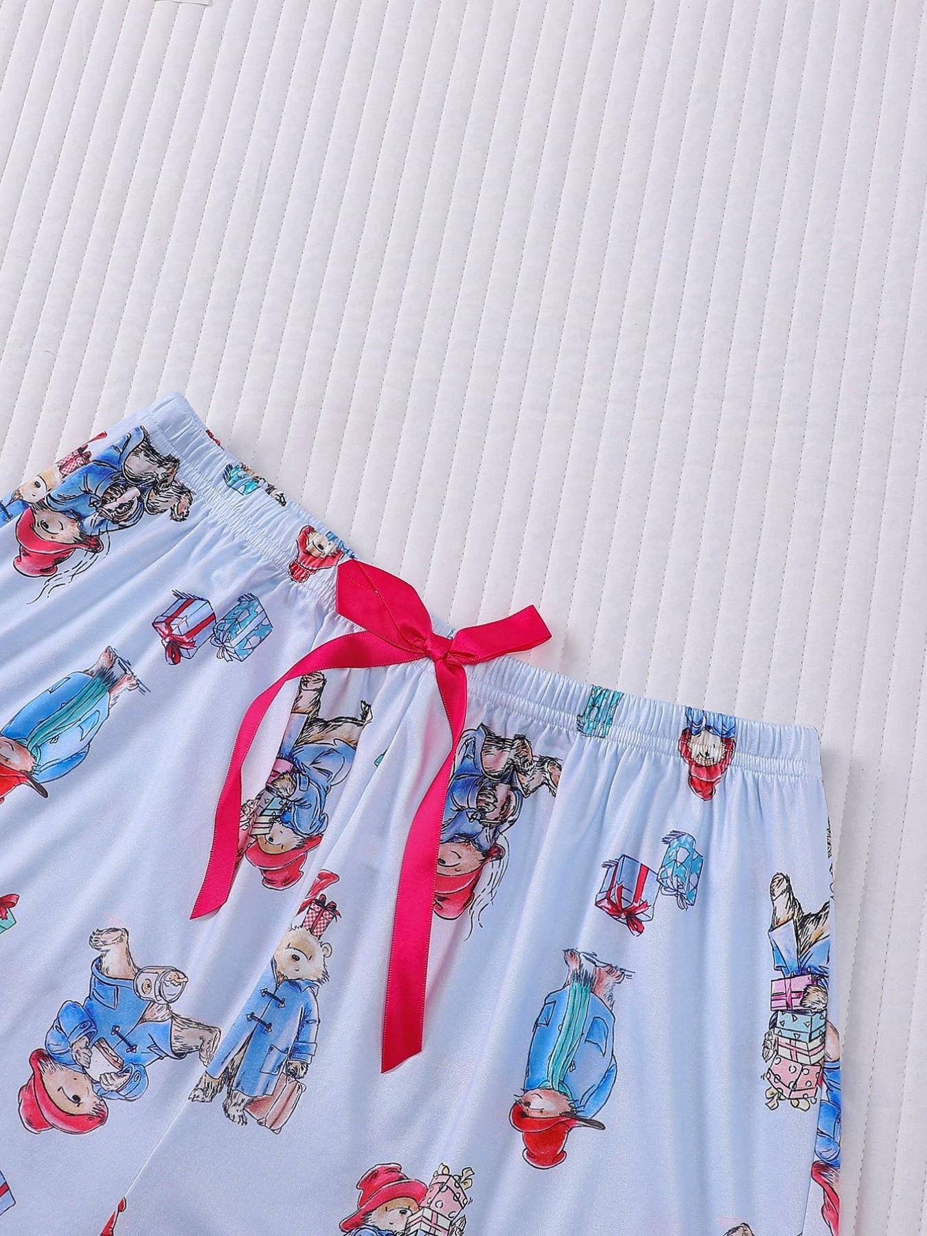 3-Piece Casual Women Pjs Pajama Set with Padding Bear Print, Short Sleeve Button-Up Top and Loose Shorts and Long Pants, Stylish Comfortable Sleepwear & Loungewear for Everyday and Holiday