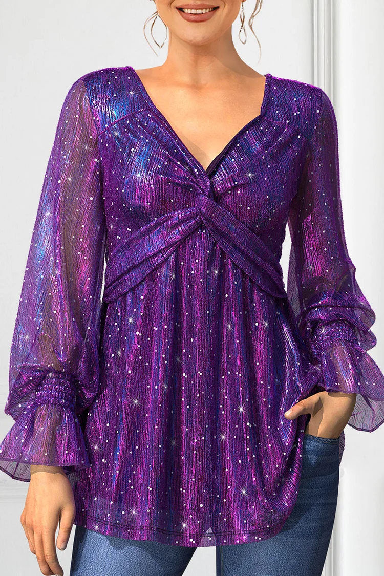 Flycurvy Plus Size Purple Sparkly Glitter Fabric Twist Knot Lantern Sleeve Elastic Cuff Tunic Blouse  Flycurvy [product_label]