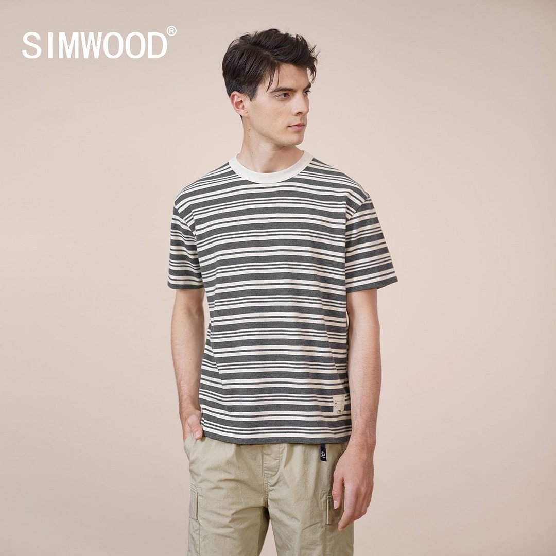 SIMWOOD 2020 Summer New 100% Cotton Striped T-shirt Unisex Men Women Casual Breton Top High Quality Oversize Tshirt SK170455