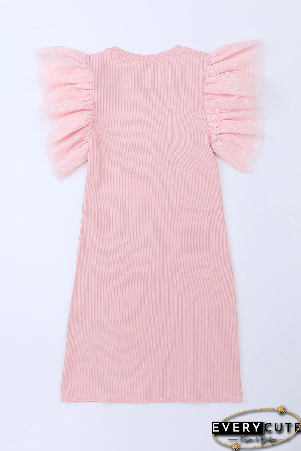 Pink Ruffle Tulle Sleeve Ribbed Knit Bodycon Dress