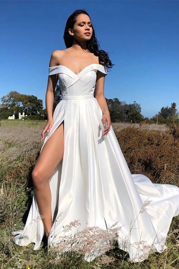Dresseswow White Off-the-Shoulder Slit Prom Dress Long