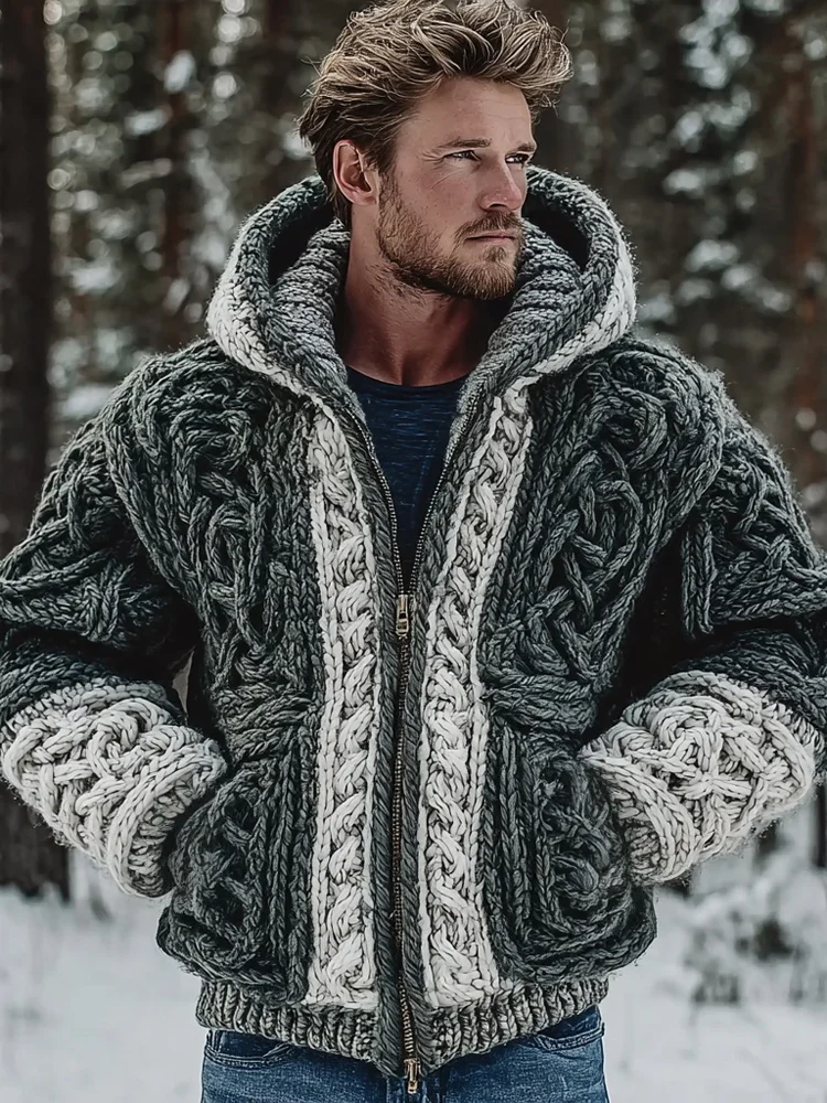 Men's Vintage Viking Celtic Knot Full Zip Chunky Knit Hoodie