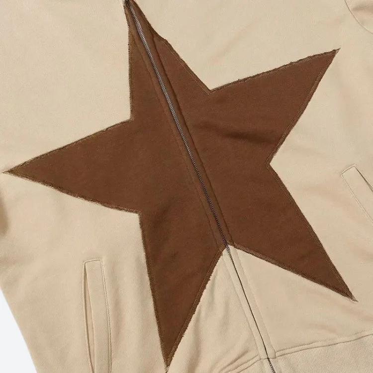 Brownm Star Patch Zip-Up Hoodie