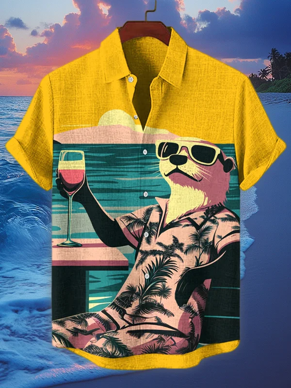Men's Otter Relaxing On The Seashore At Sunset Print Casual Shirt